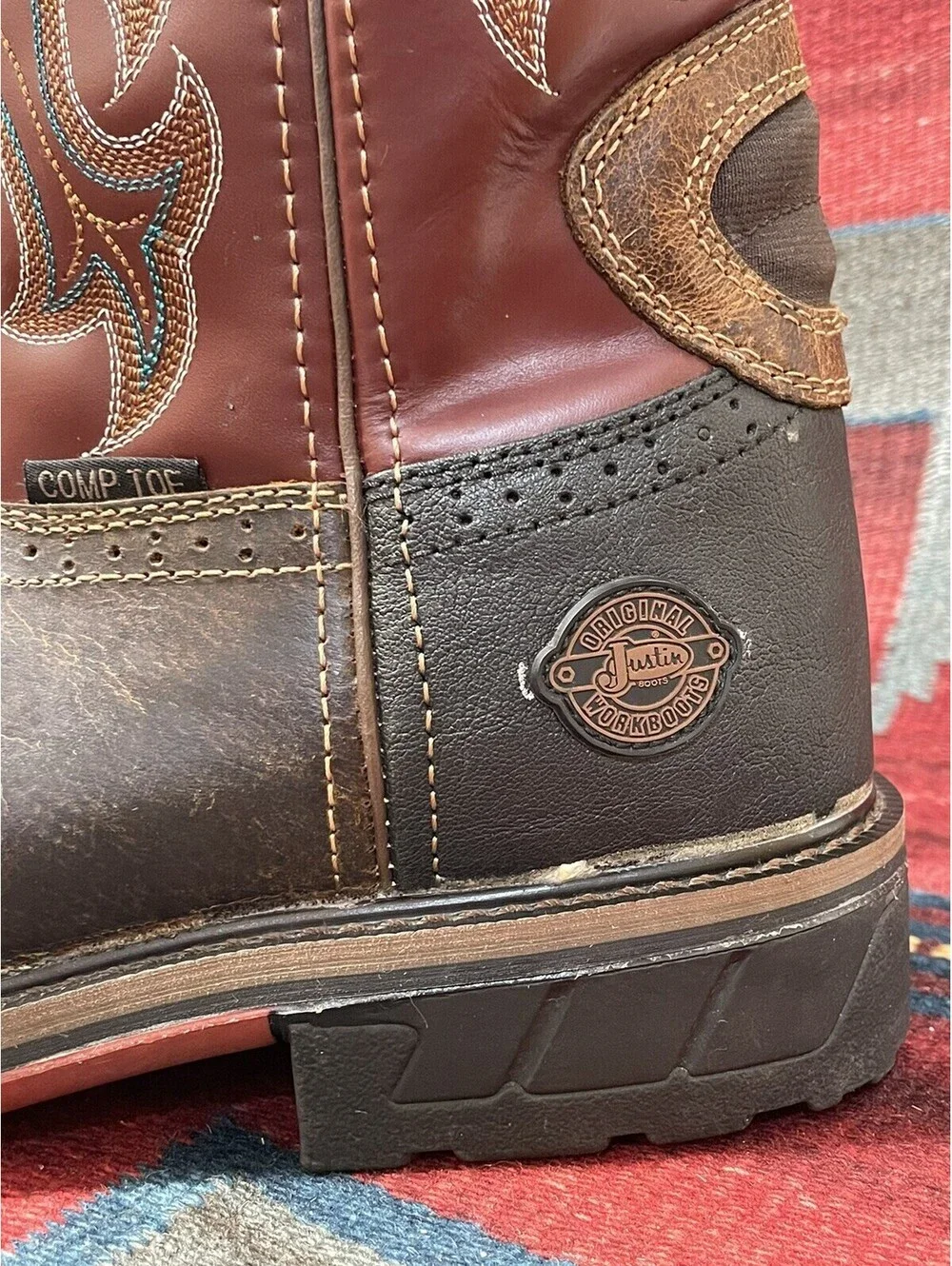 Justin Comp Toe Leather Western Work Boots  Men's 11 WK4643 Burgundy/Brown/Black